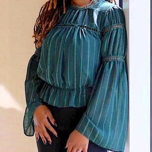 A’gaci Green Sheer Boho Peasant Top Peplum Hem Bell Sleeves Crochet Trim Sz LRG